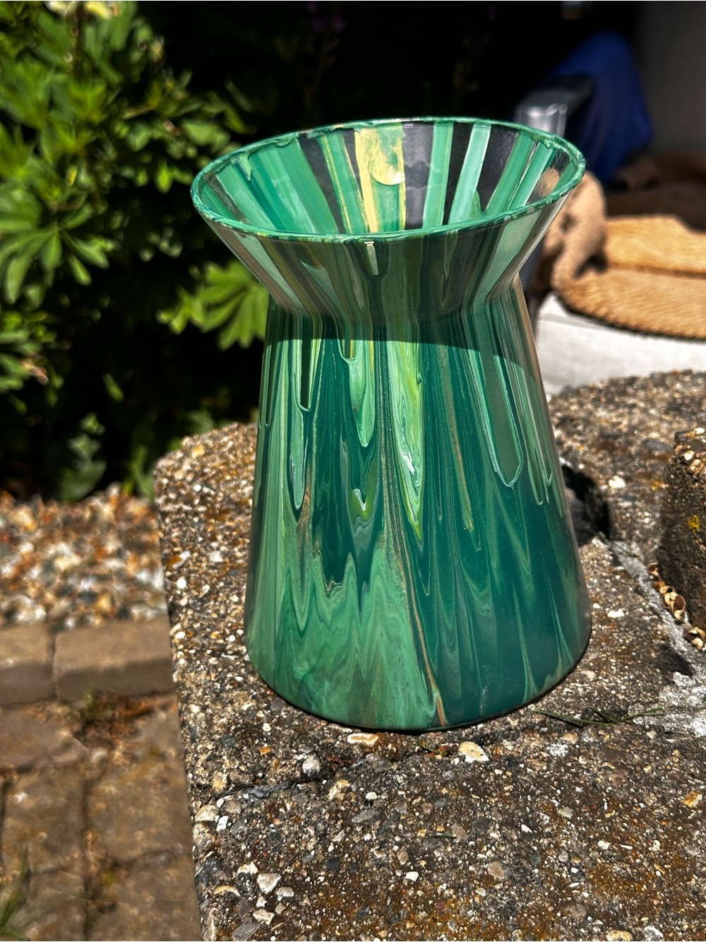 Hand made artisan glass  painted green flower vase